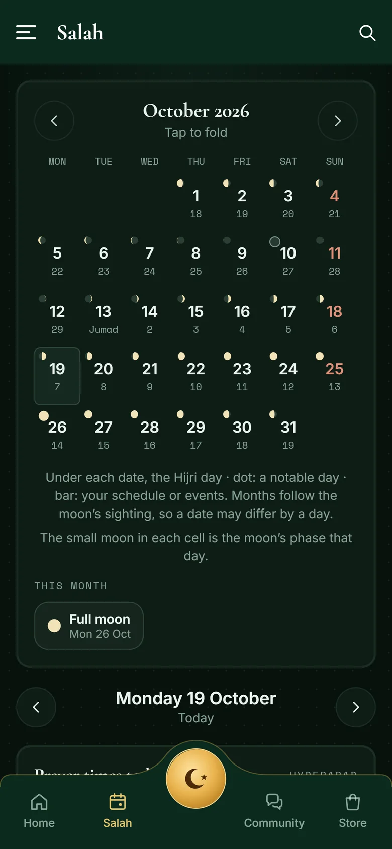 Mahtab: The month, with the moon’s phase and the Hijri day.