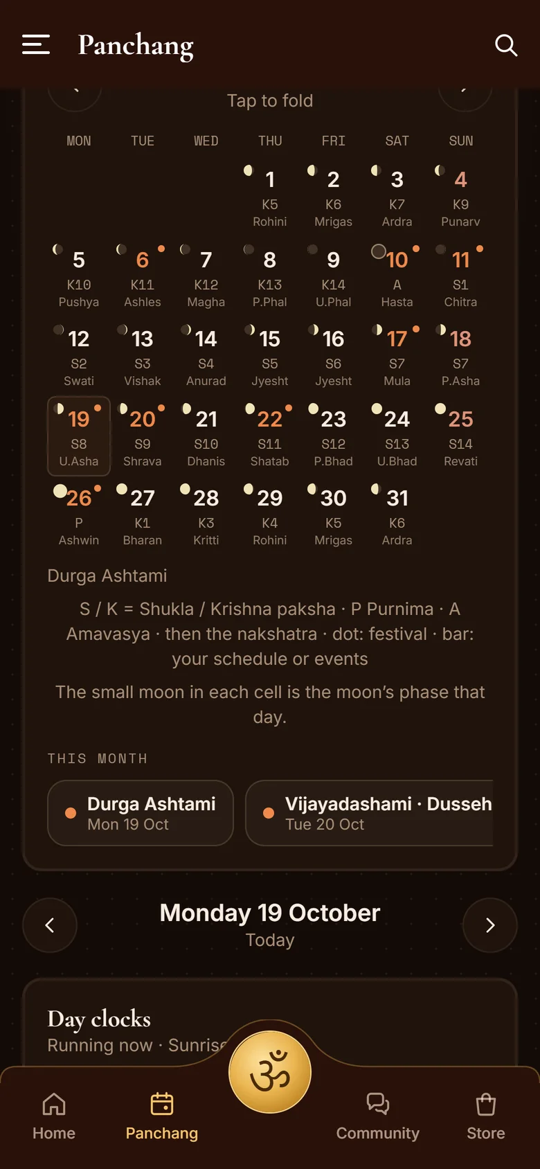 Moksham: The month: the moon’s phase on every day, with its highlights.